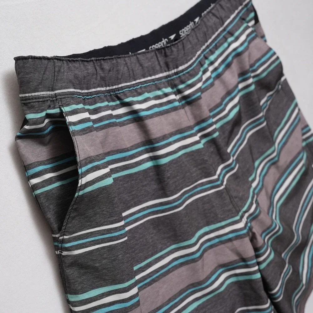Speedo‎ Swim Shorts Mens XL Gray Multicolor Stripe Lined Drawstring Pocket
